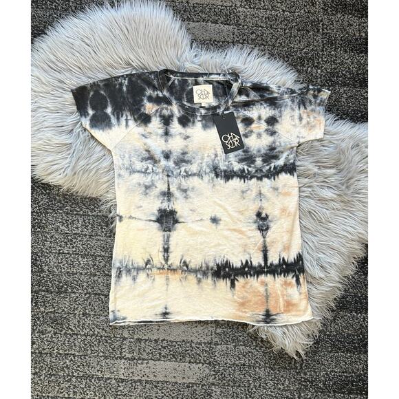 Chaser Women’s Tie Dye Tan & Black One Sided Cold‎ Shoulder T Size Small - Picture 1 of 3